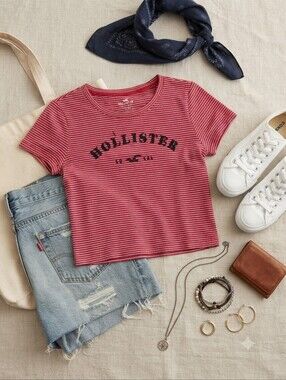 Hollister Red White Striped Crop Top Baby Tee